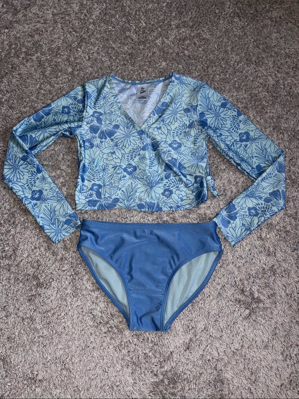 art class Blue Floral Long-Sleeve Wrap Swim Top with Solid Blue Bottoms 10/12